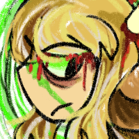 a drawing of dream SMP dream from the chest up, facing away from the viewer with his head slightly turned towards the camera. he has long blond hair with some grey streaks, sawed off antlers, and deer ears. he is wearing a dark green cloak. there is blood dripping from his antlers and face. he has a green X-shaped scar on his face and a green halo around his head.

there are two drawings of deer around him, done completely in green shades with red full sets of antlers.